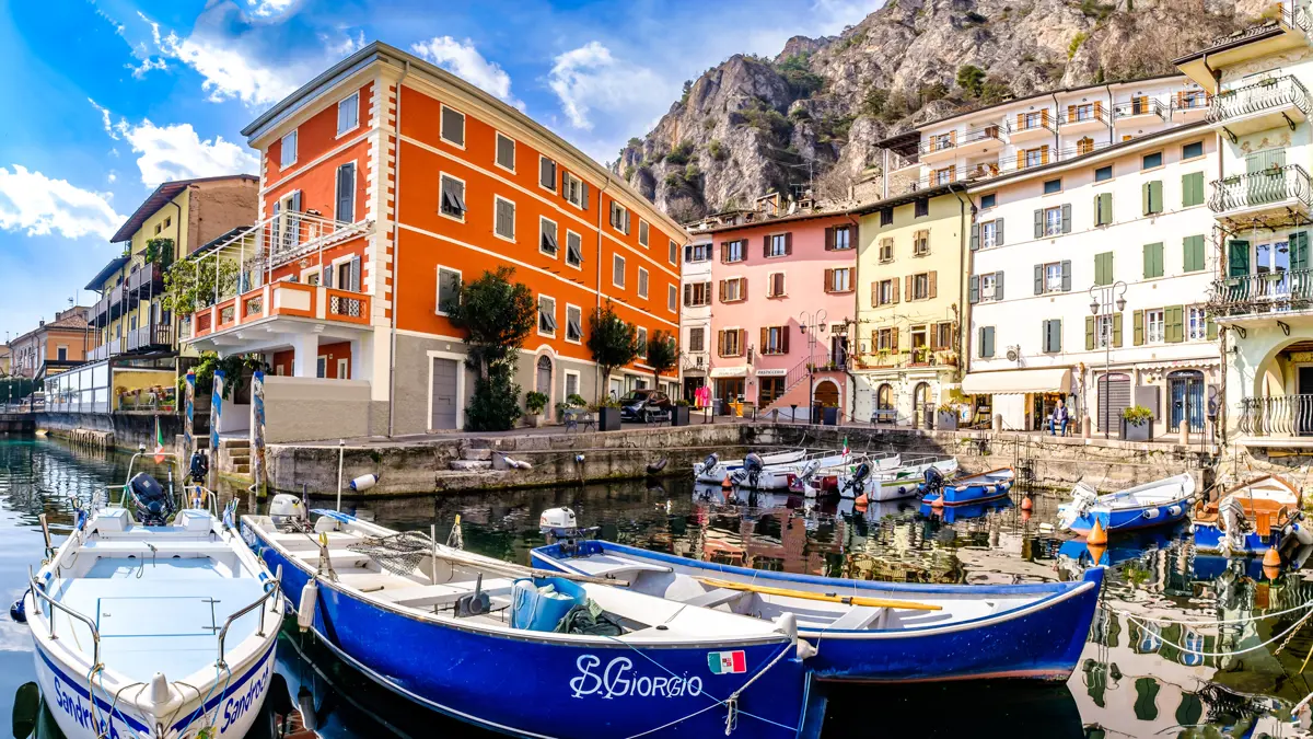 Limone Lake Garda Harbour With Colourful Buildings And Boats